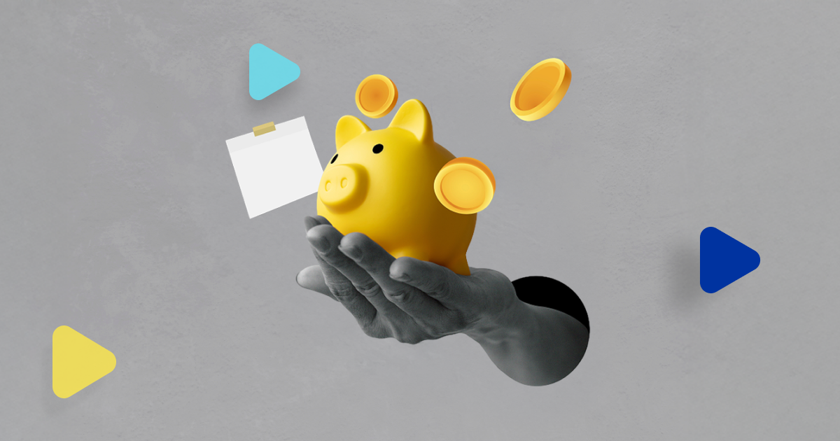 Ilustración de chanchito de cerámica con monedas, post it y figuras geométricas 3D