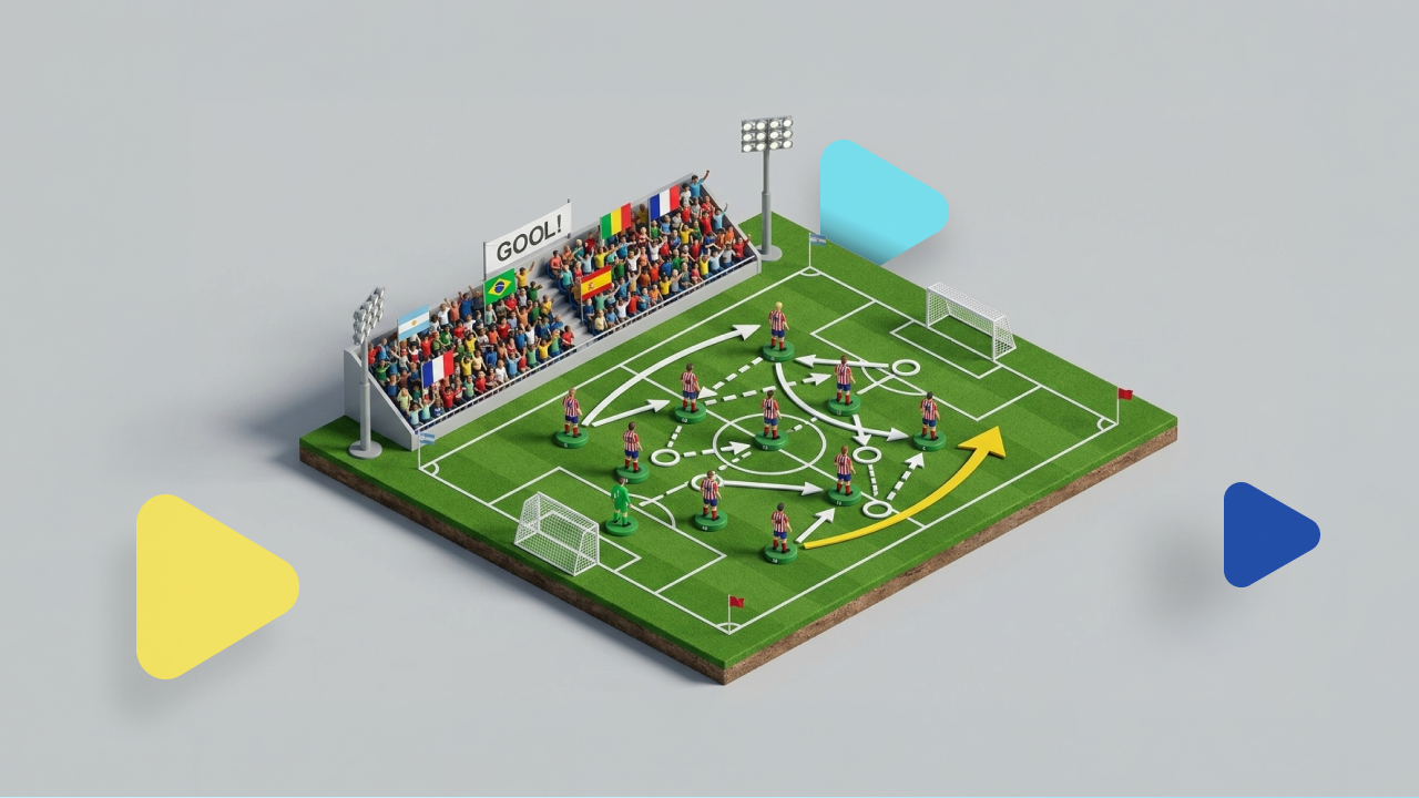 estadio de futbol del mundial en 3d con la estrategia del equipo