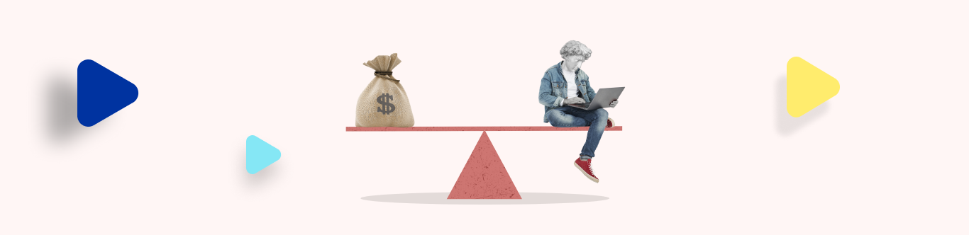 Imagen 2 Ilustración de una balanza con una bolsa con signo peso a un lado y un hombre tipo collage de David de Miguel Angel con un computador al otro en posición de tomar una decisión