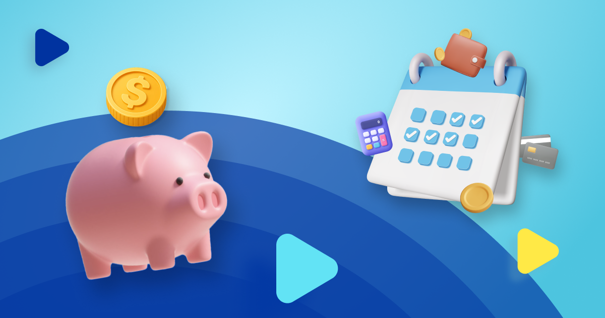 imagen 3d de chanchito de ahorro con calendarios, monedas, billetes y una tarjeta bancaria