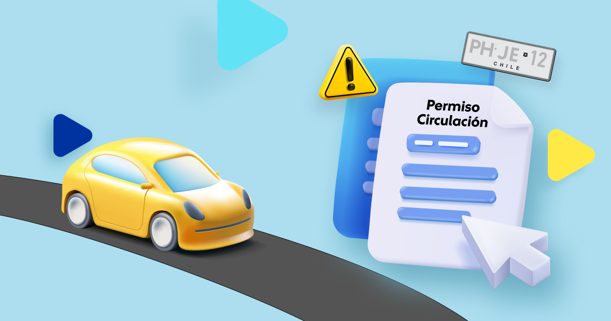 Imagen ilustrada de un auto con documentos de marzo: permiso de circulación y el seguro obligatorio de accedentes personales SOAP
