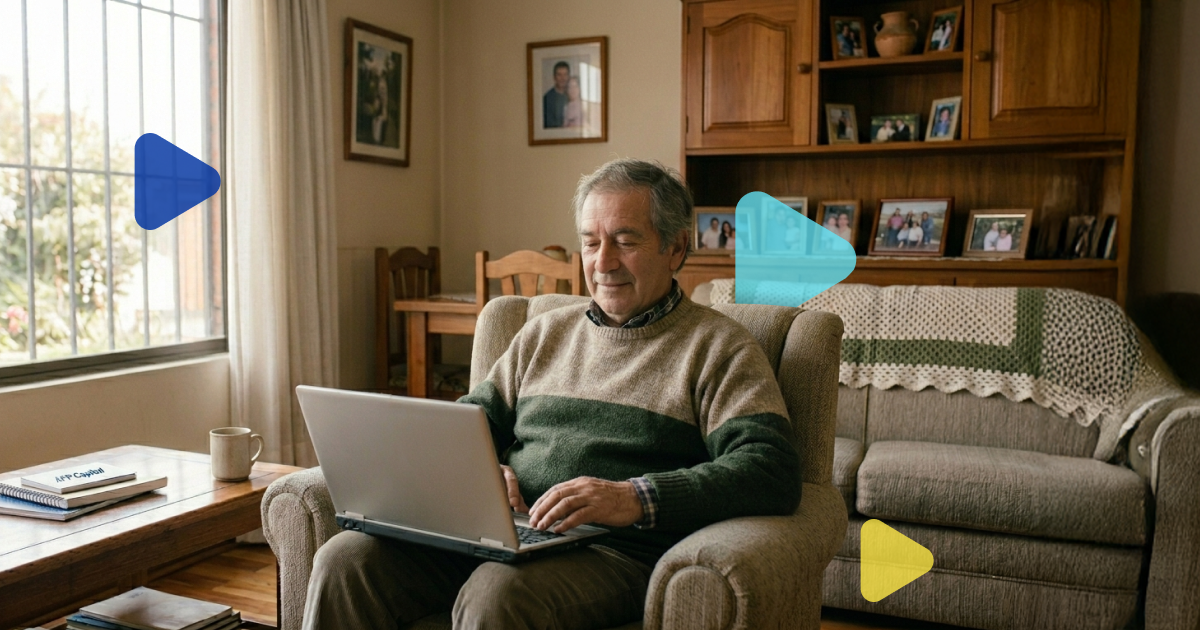 Adulto mayor sentado sopbre un sillón en el living de su casa mientras mira su laptop