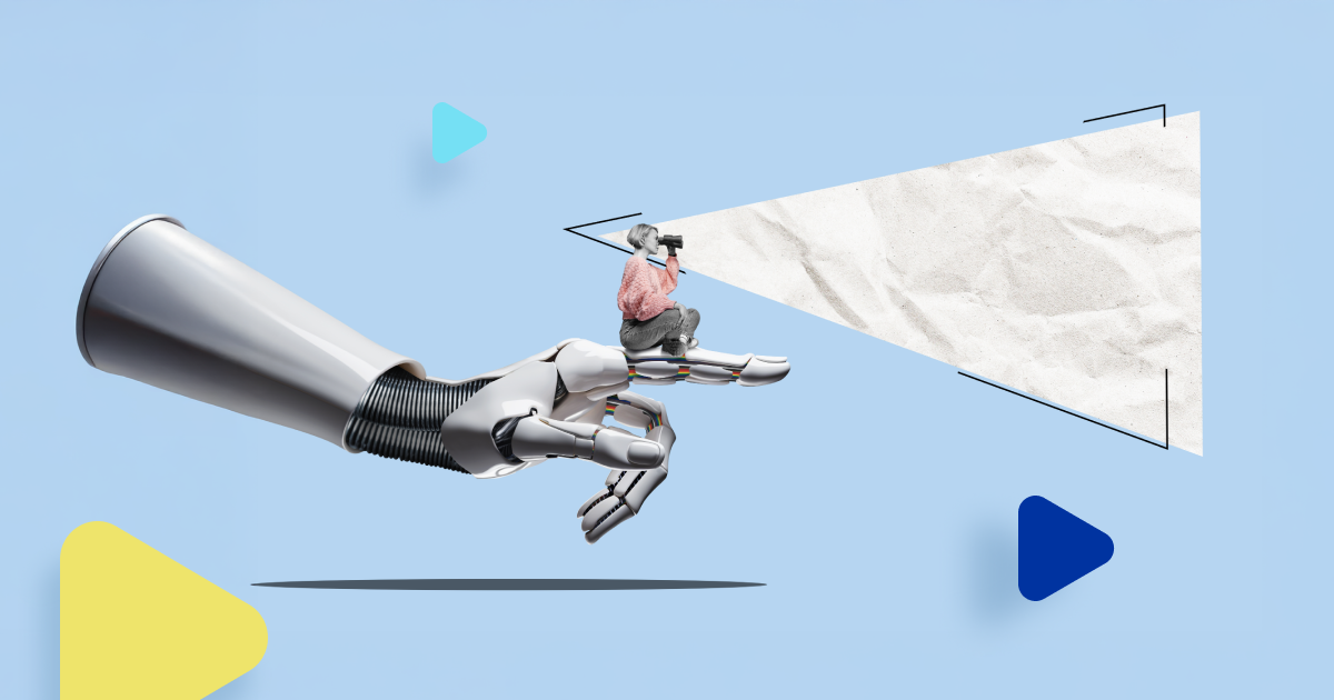 Ilustración tipo collage con persona mirando con binoculares a modo de foco en el largo plazo