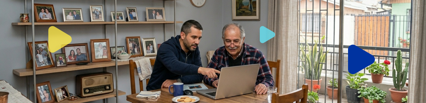 Imagen 4 padre e hijo en la mesa del comedor de su casa, viendo un computador. El hijo le enseña a su padre a pensionarse online