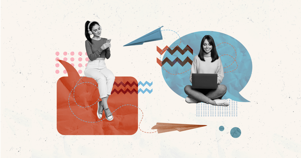 Collage digital de dos mujeres decidiendo con sus dispositivos móviles