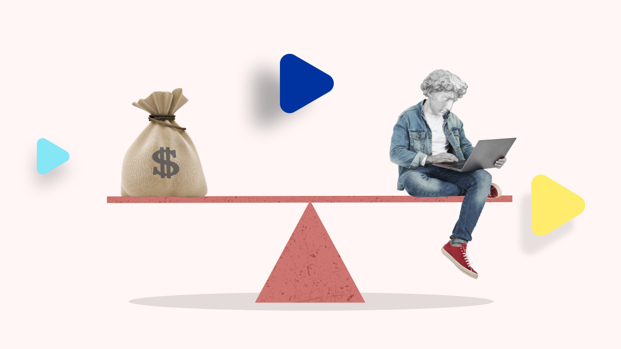 Ilustración de una balanza con una bolsa con signo peso a un lado y un hombre tipo collage de David de Miguel Angel con un computador al otro en posición de tomar una decisión