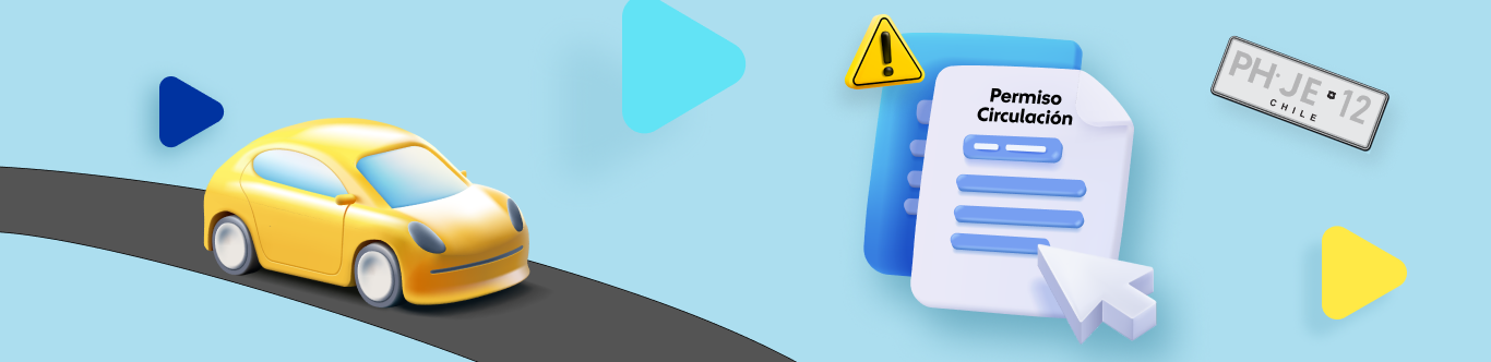 Imagen ilustrada de un auto con documentos de marzo: permiso de circulación y el seguro obligatorio de accedentes personales SOAP