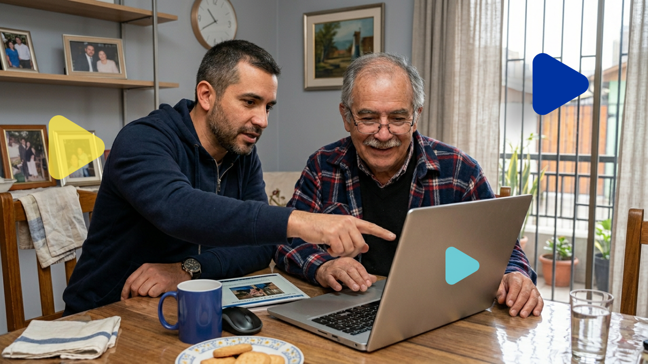 padre e hijo en la mesa del comedor de su casa, viendo un computador. El hijo le enseña a su padre a pensionarse online