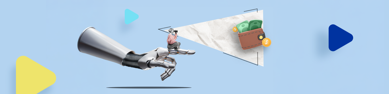 Ilustración tipo collage con persona mirando con binoculares a modo de foco en el largo plazo