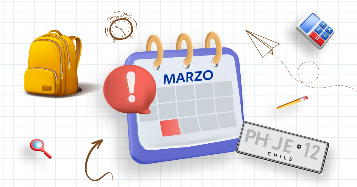 calendario de marzo con patentes, útiles escolares y dinero