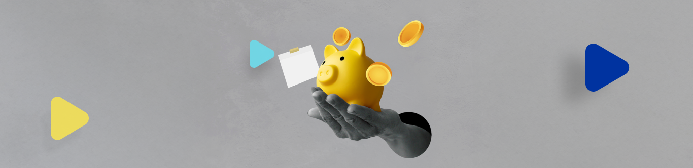 Ilustración de chanchito de cerámica con monedas, post it y figuras geométricas 3D