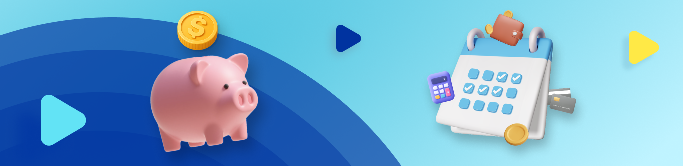 imagen 3d de chanchito de ahorro con calendarios, monedas, billetes y una tarjeta bancaria